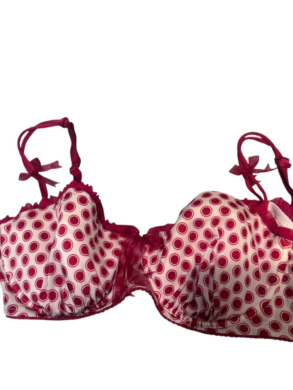 CACIQUE Polka Dot Print Ruffle Bow Retro Pinup Balconette Bra Coquette SZ 42D